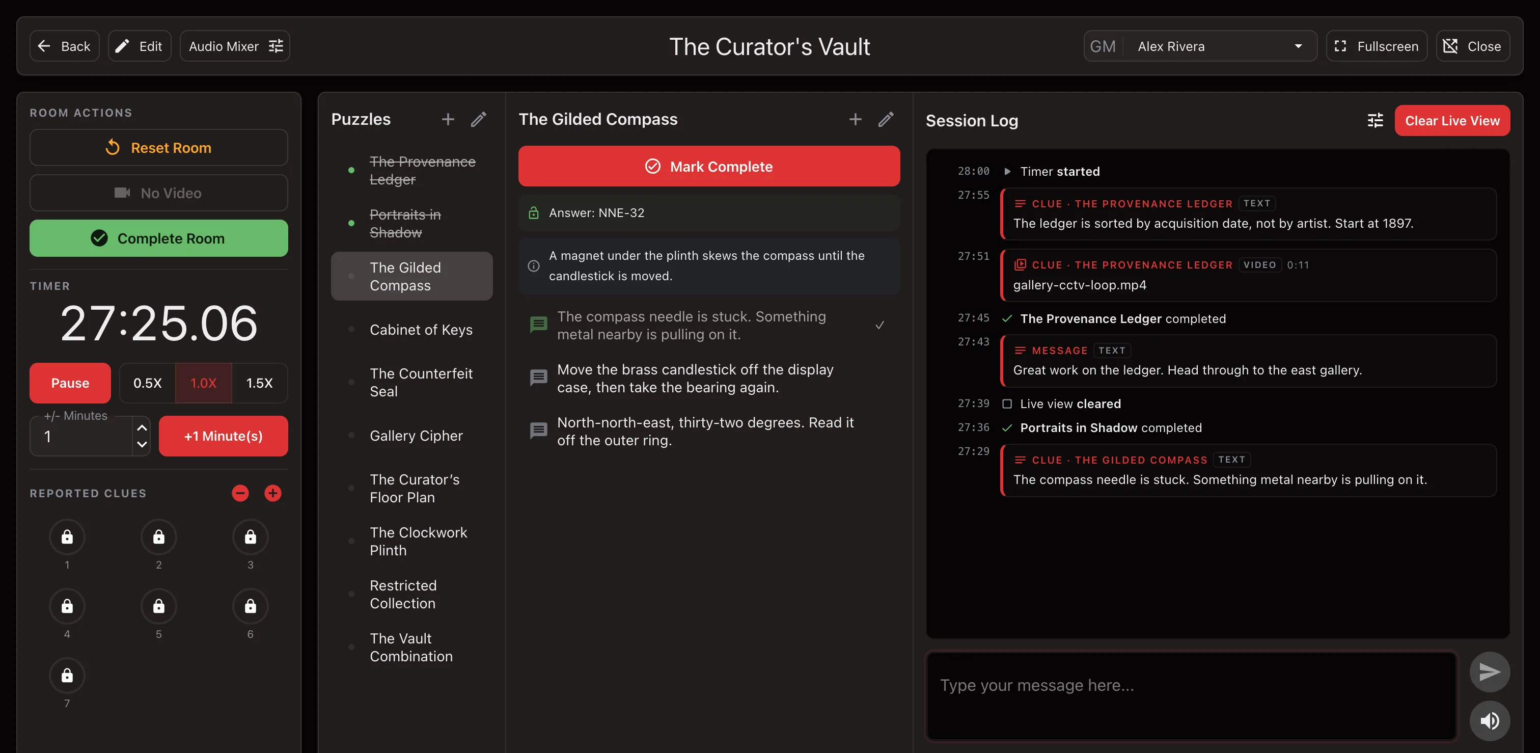 A live game in progress on the Escape Director room dashboard