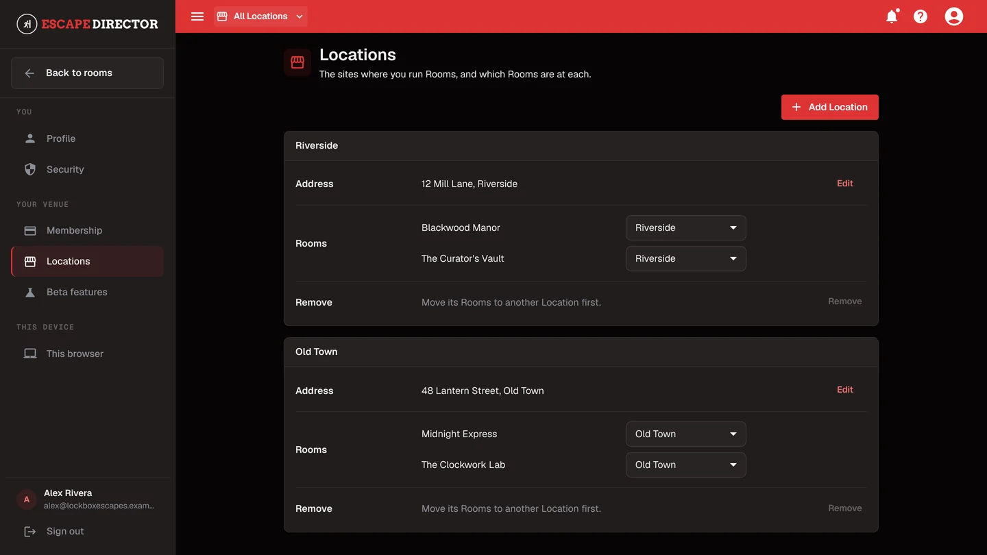 Account Settings, Locations page with two Locations, Riverside and Old Town, each listing its address and Rooms